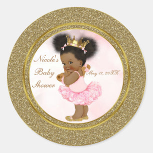 Sticker Rond Princesse Pailletée Or Rose Vintage Bébé Fille Noi