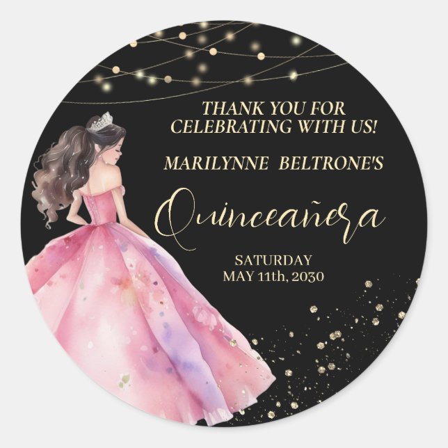 Sticker Rond Princesse Quinceañera Or Rose (Devant)