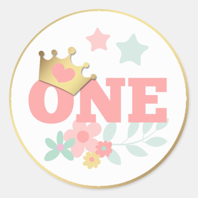 Sticker Rond Princesse rose "One" Crown Baby Girl Premier anniv (Devant)