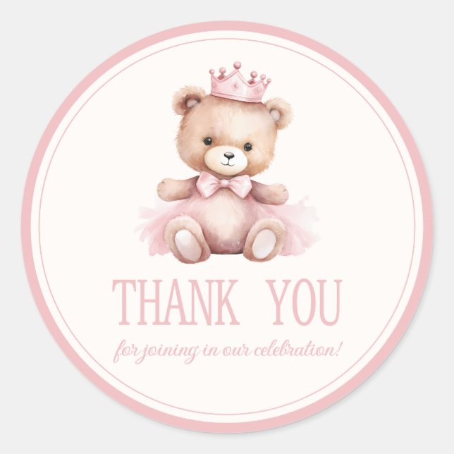 Sticker Rond Princesse rose ours Bébé Baby shower fille (Devant)