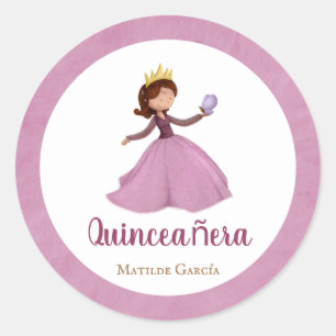 Sticker Rond princesse rose unique et papillon quinceanera