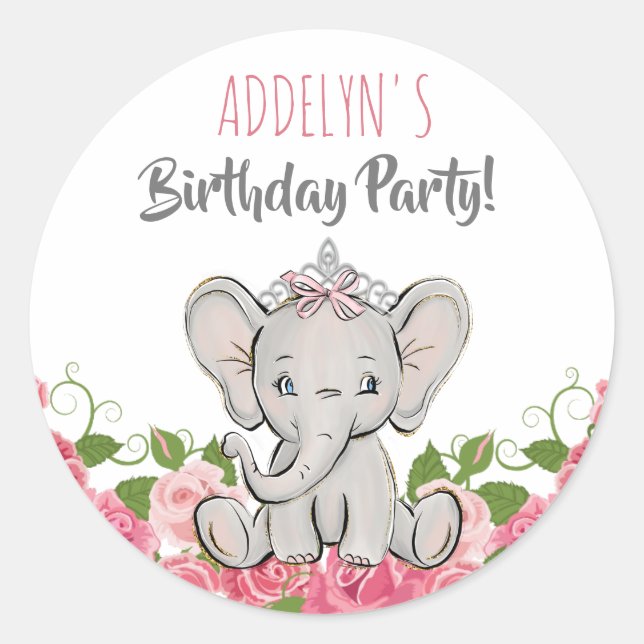 Sticker Rond Princesse Tiara Elephant Fleurs roses Anniversaire (Devant)