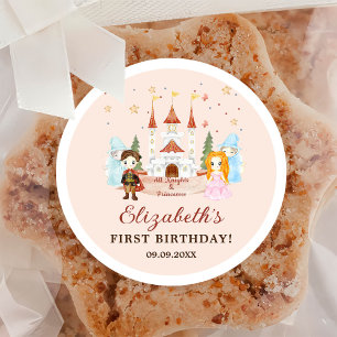 Sticker Rond Princesses roses et chevaliers Fille Anniversaire