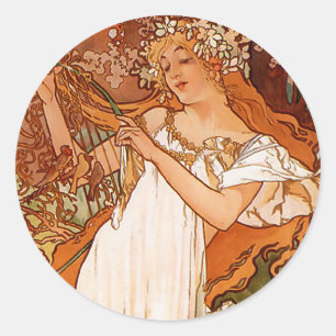 Sticker Rond Printemps - Alphonse Mucha Art Nouveau