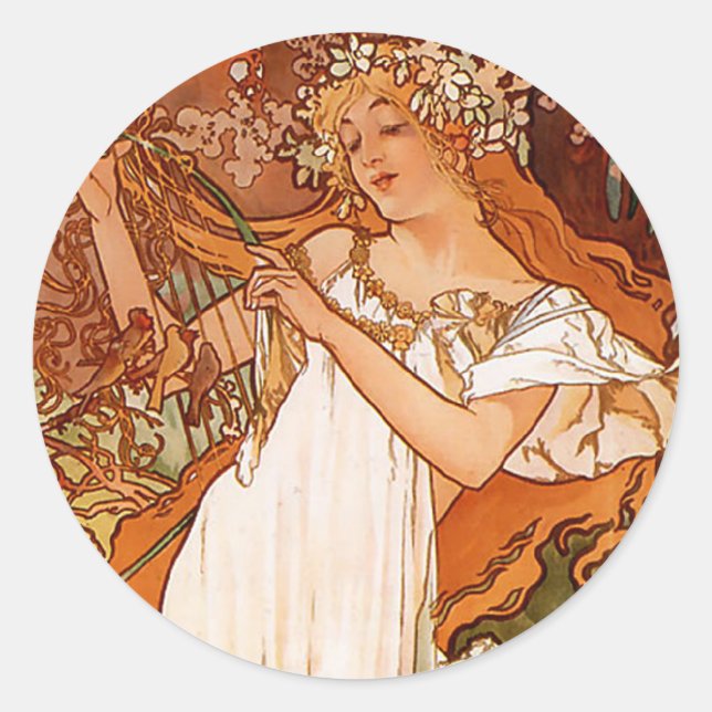 Sticker Rond Printemps - Alphonse Mucha Art Nouveau (Devant)