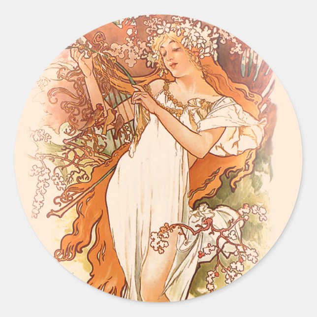Sticker Rond Printemps - Alphonse Mucha Art Nouveau (Devant)