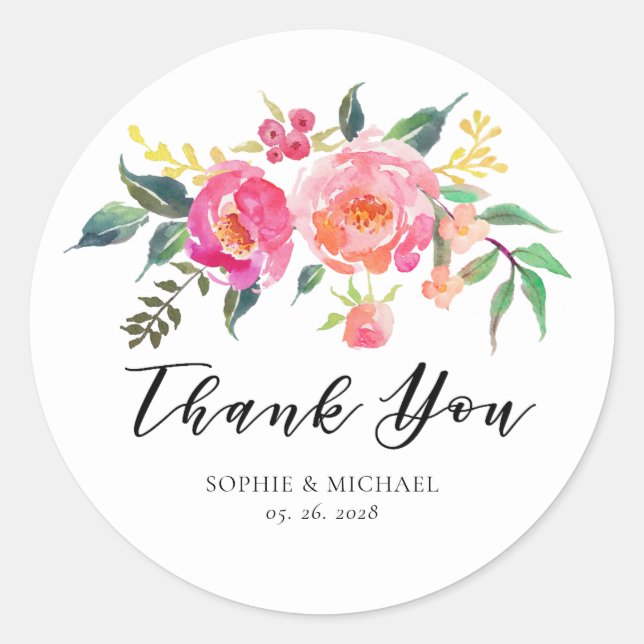 Sticker Rond Printemps Eté Aquarelle Florale Mariage Favoriser (Devant)
