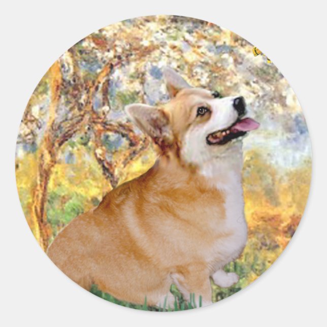 Sticker Rond Printemps - Pembroke Welsh Corgi 7b (Devant)