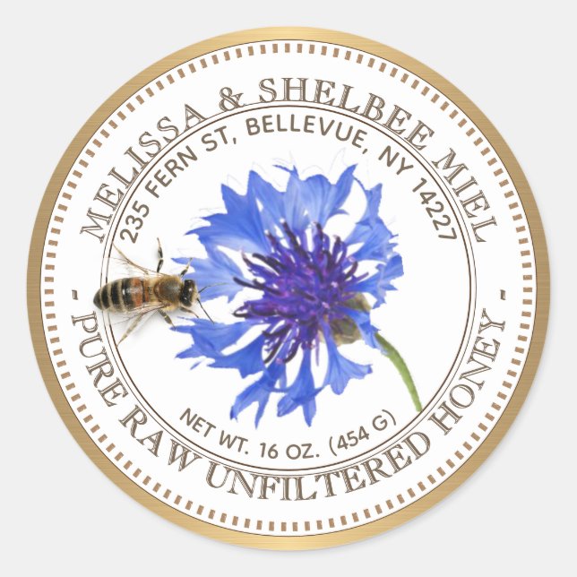 Sticker Rond Produit de miel modifiable Fleur bleue Abeille Bor (Devant)