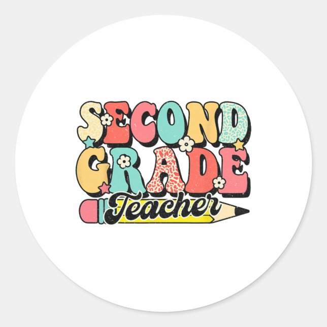 Sticker Rond Professeur de deuxième année rétro groovy Premier  (Devant)