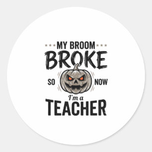 Sticker Rond Professeur Halloween Balai Cassa Citrouille Vintag