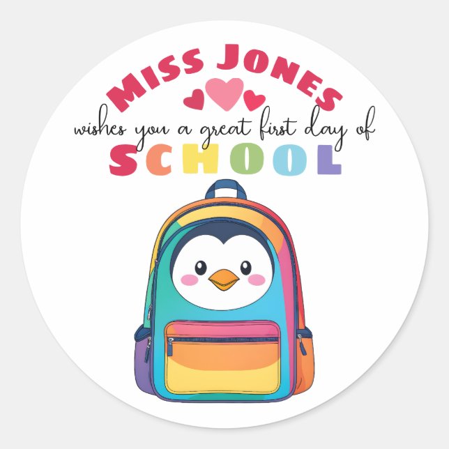 Sticker Rond professeur manchot premier jour de la rentrée clas (Devant)