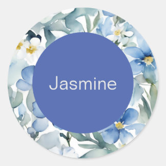 Sticker Rond Professionnel Moderne Minimaliste Blue Floral Nom
