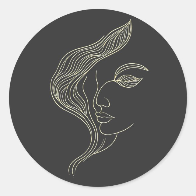 Sticker Rond Profil de femme en art linéaire élégant avec feuil (Devant)