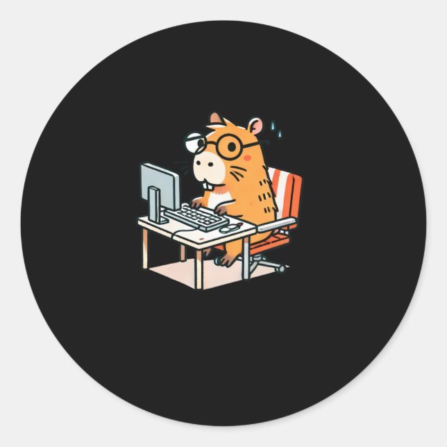 Sticker Rond Programmeur Capybara Travaillant Sur Le Bâton Ordi (Devant)