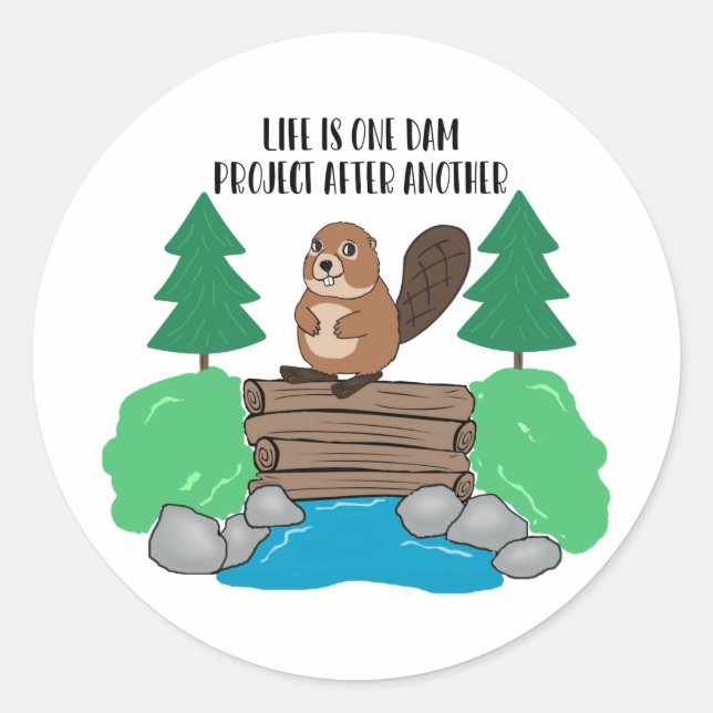 Sticker Rond Projet de barrage de castor occupé drôle d'animal (Devant)