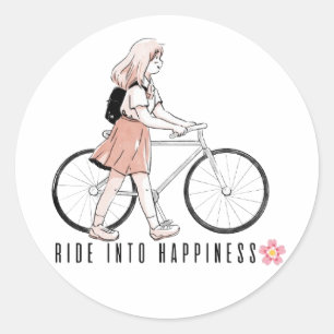Sticker Rond Promenez-vous dans le bonheur, Anime fille à vélo