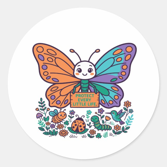 Sticker Rond Protéger chaque petite vie Papillon (Devant)