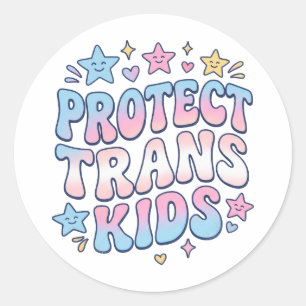 Sticker Rond Protéger les enfants trans Kawaii Stars Retro Prid