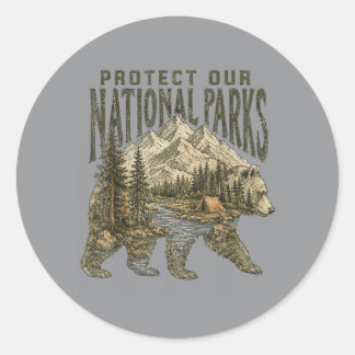 Sticker Rond Protéger nos parcs nationaux ours nature randonnée