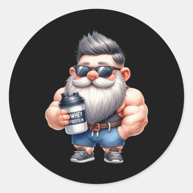 Sticker Rond Protéine de Whey Gnome Papa Funny Bodybuilder Grap (Devant)
