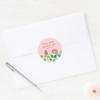 Sticker Rond Proverbes de la Bible 8:17 Aquarelle Rose