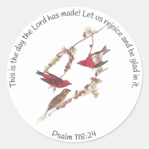 Sticker Rond Psaume 118:24 et trois oiseaux rouges