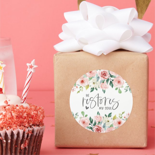 Sticker Rond Psaume 23:3 Il rétablit mon âme Bible Verse & Rose (Fête)