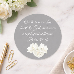 Sticker Rond Psaume 51:10 Crée en Moi Floral Blanc Chrétien
