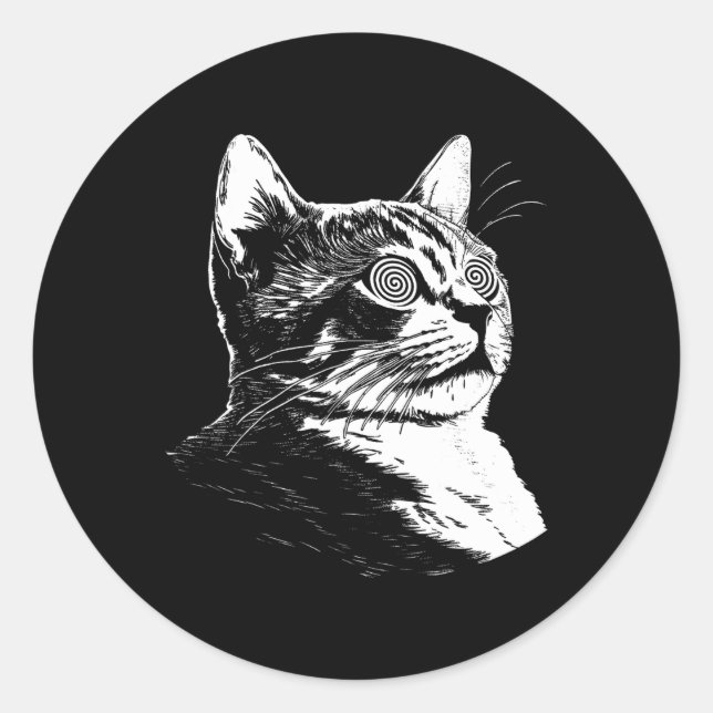 Sticker Rond Psychedelic Cat Festival Edm Trippy Illusion Kitty (Devant)