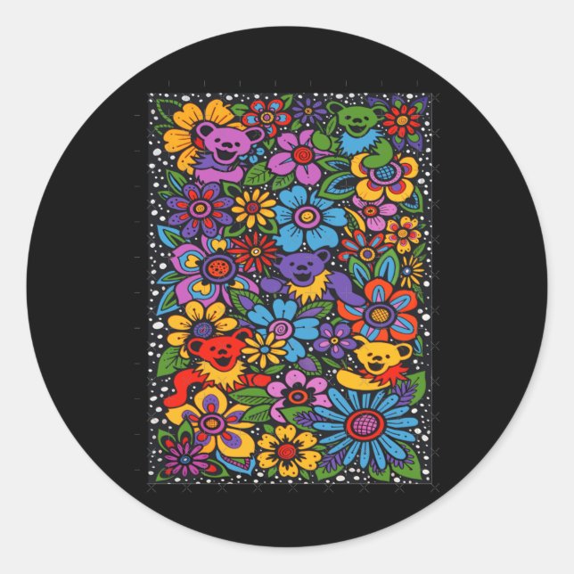Sticker Rond Psychedelic Flowers Dancing Bears Coloured Gratefu (Devant)