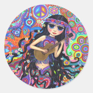 Sticker Rond Psychédélique Hippie Mermaid Girl Jouant de la gui