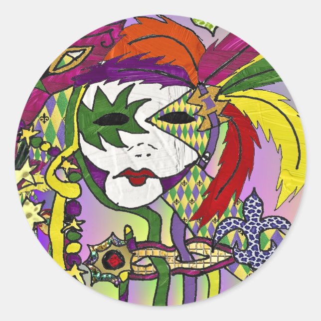 Sticker Rond Psychédélique Mardi Gras Plumes Masques Cadeaux Vê (Devant)
