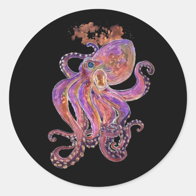 Sticker Rond Psychédélique violet profond de mer Kraken (Devant)