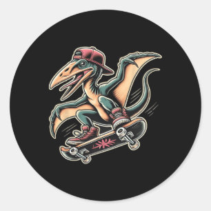 Sticker Rond Ptérodactyle de dinosaure de dessin animé de skate