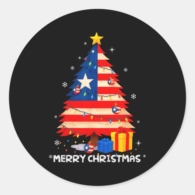 Sticker Rond Puerto Rico Flag Tree Lights Christmas Pajamas -co (Devant)
