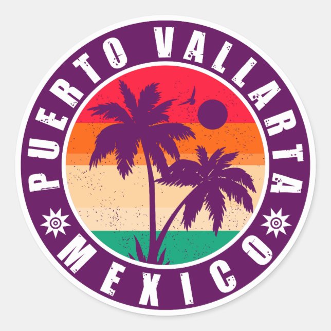 Sticker Rond Puerto Vallarta Palm Tree Souvenir Rétro 80s (Devant)