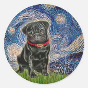 Sticker Rond Pug 13 (noir) - Nuit étoilée