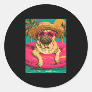 Sticker Rond Pug d'été avec lunettes de soleil chien mignon pis