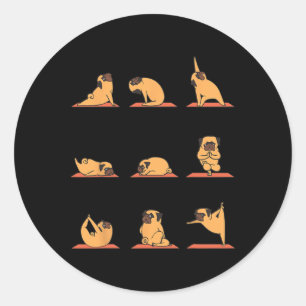 Sticker Rond Pug Yoga Poses de yoga pour chiots et méditation d