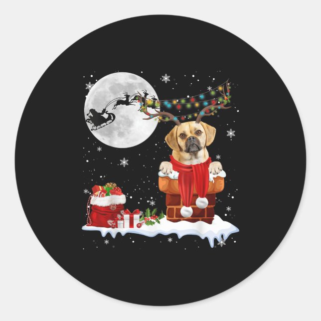 Sticker Rond Puggle Dog Chimney Ugly Christmas Lights Xmas Paja (Devant)