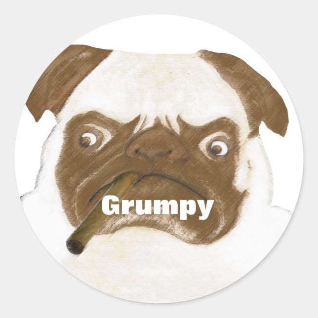 Sticker Rond Puggy Grumpy personnalisée avec Cigar (Devant)