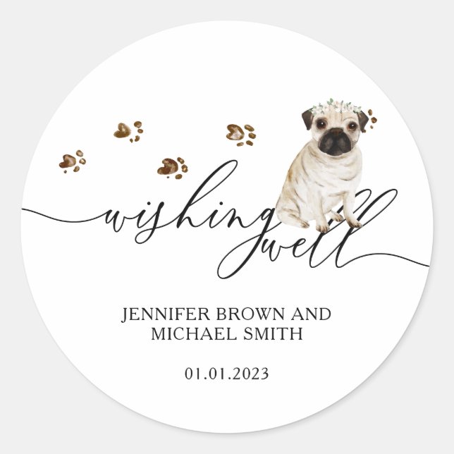 Sticker Rond Puits de souhaits de chiot Pug (Devant)