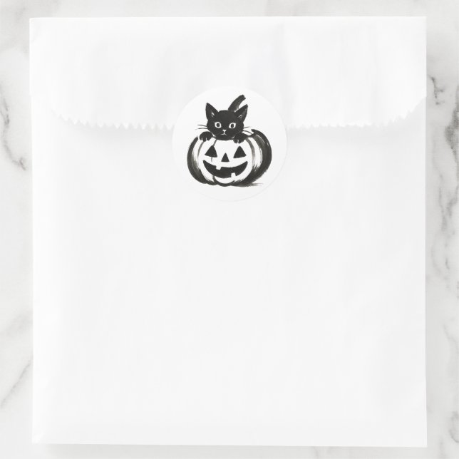 Sticker Rond Pumpkin Peek – Black Cat Halloween Design on  (Sac)