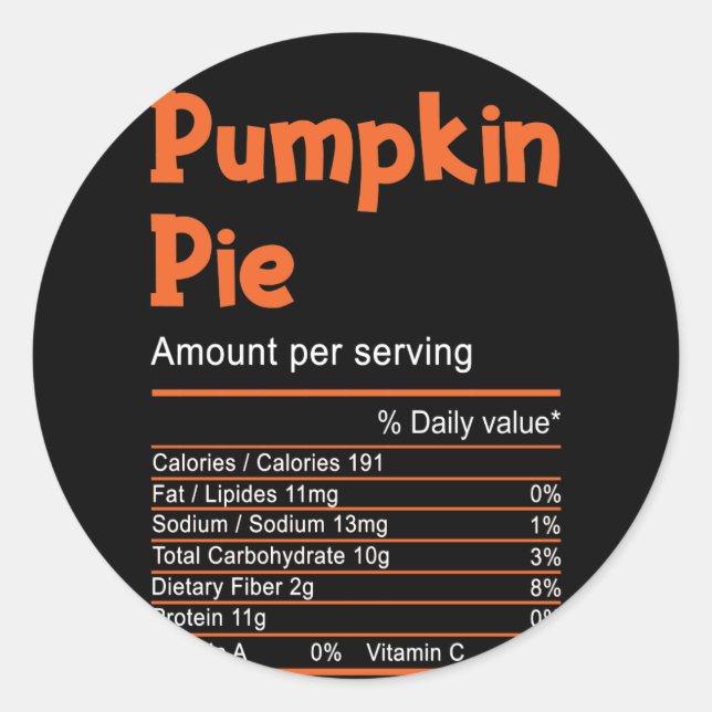 Sticker Rond Pumpkin Pie Nutrition Thanksgiving Christmas (Devant)
