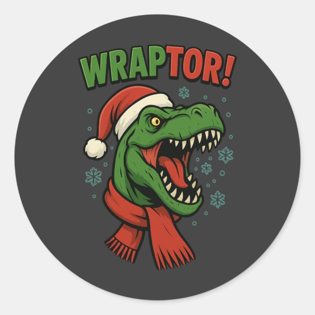 Sticker Rond Pun de Noël Wraptor T-Rex Dinosaure Drôle (Devant)