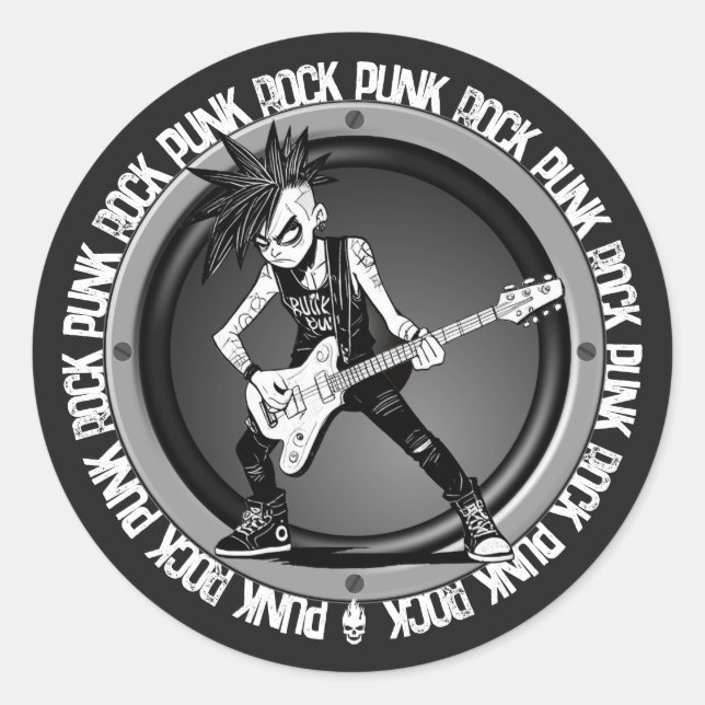 Sticker Rond Punk Rock Guitar Player Art Cool Musician Rocker (Devant)