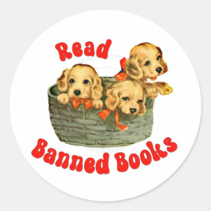 Sticker Rond Puppies rétro mignonnes - Lire Livres interdits