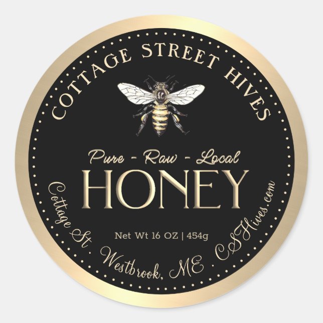 Sticker Rond Pure Cru Miel Local Queen Bee Black Gold Bordure (Devant)