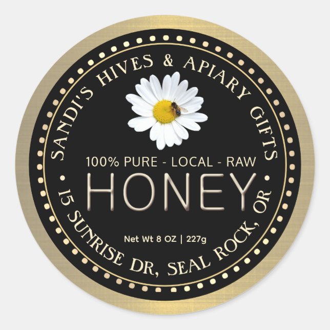 Sticker Rond PURE HONEY RAW LOCAL en or noir avec marguerite et (Devant)